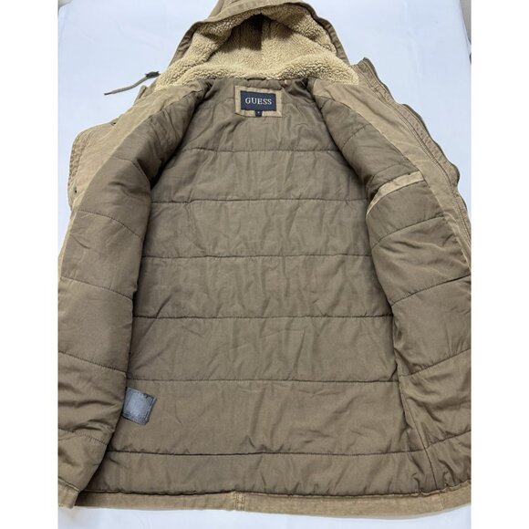 Guess Mens M Coat Khaki Twill Field Jacket Sherpa Hood Quilt Liner Mid Length - Picture 4 of 11
